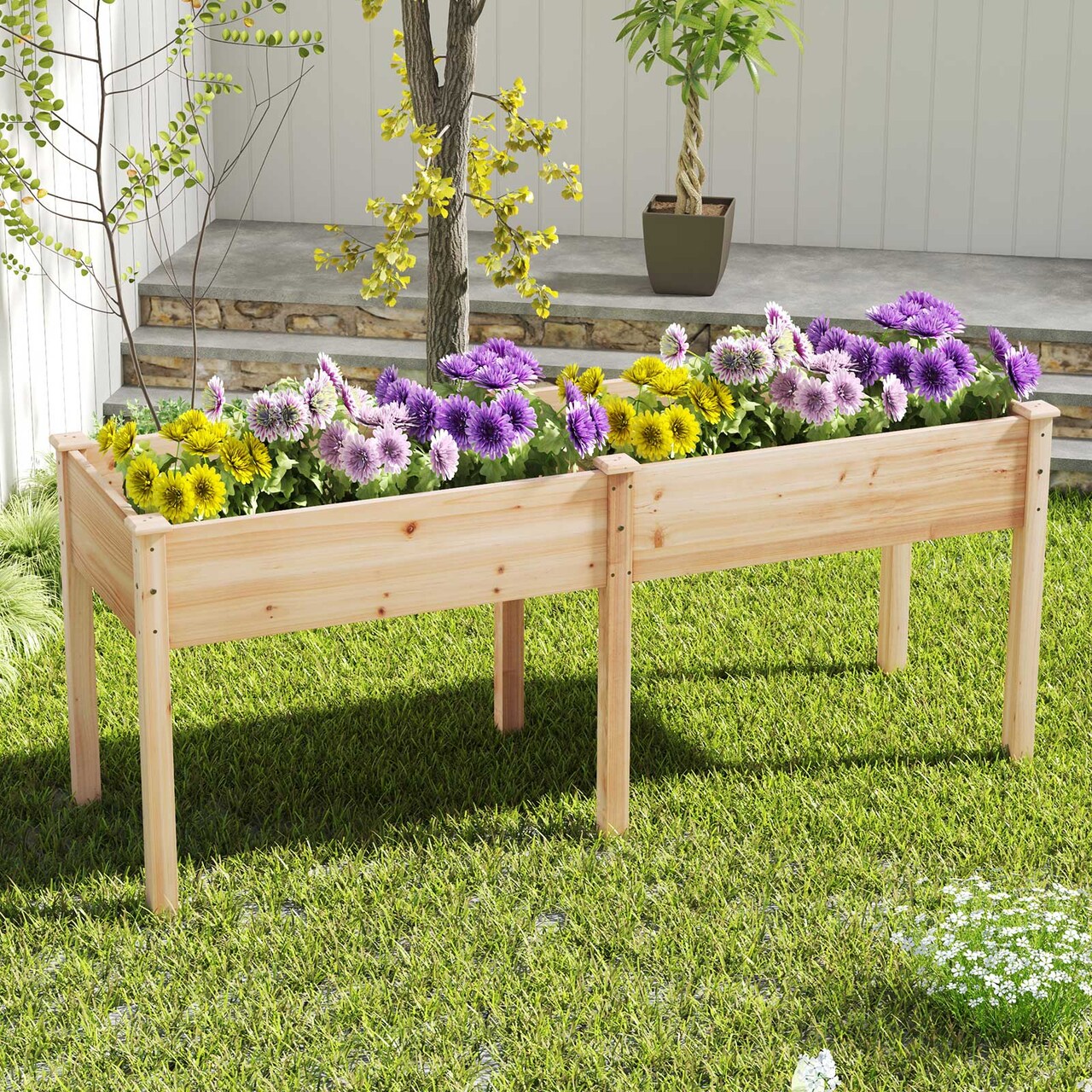 Natural Fir Wood Raised Planter Box with 2 Sections and Reinforced Corners Ideal for Outdoor Gardening
